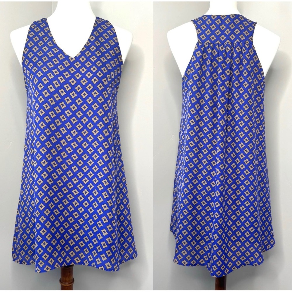 Hazel Anthropologie Blue Geometric Print Sleeveless Trapeze Shift Dress Large